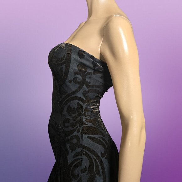 Y2K Maxi Dress Party Cocktail Size S Black Flocked Velvet Mermaid Fishtail - Picture 6 of 13